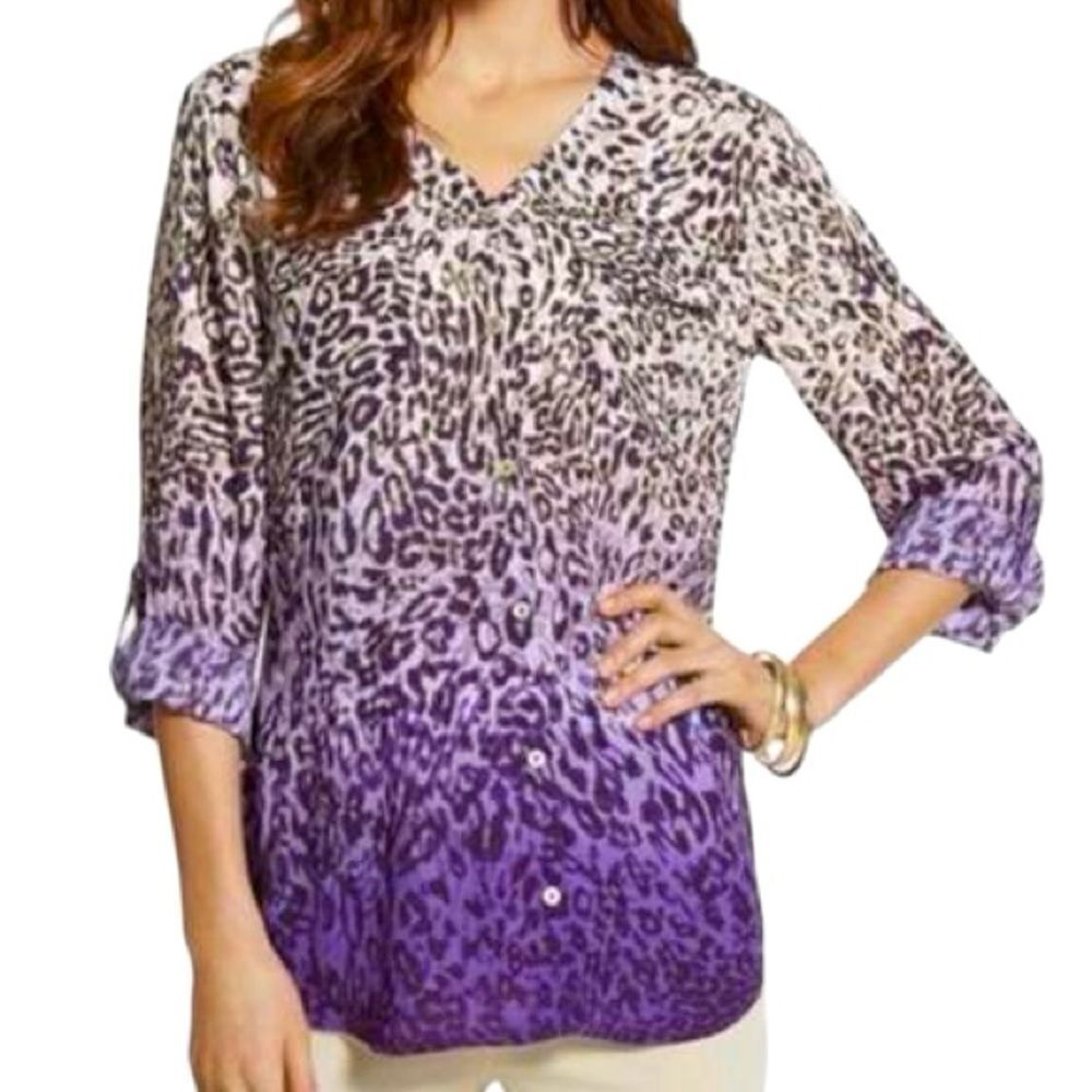 Chico’s Purple Cream Ombré Animal Print Button Front Roll Tab Blouse sz 3/Large